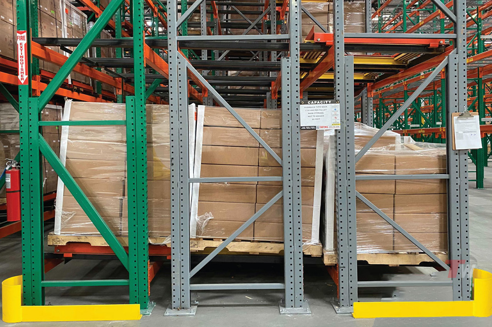 Push-back racking is a storage method that allows pallets to be stored from 2 to 6 deep on either side of an aisle, giving you higher storage density than conventional forms of racking