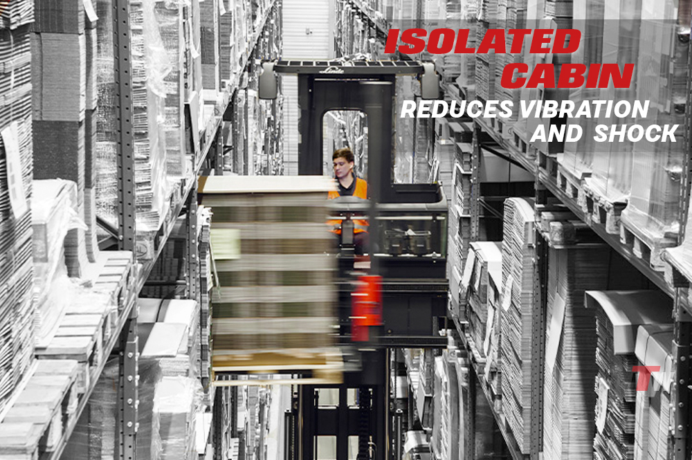 Smooth hydraulic controls provide precise
load handling for less product damage and greater maneuverability in very narrow aisles. Fine positioning and control of lift, travel and load handling improves control of loads, which results in greater operator efficiency. In addition, the ergonomically designed wrap-around operator compartment eliminates discomfort that can adversely affect productivity.