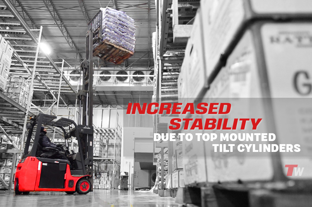 Total Warehouse Linde 346 3-Wheel Forklift - The top mounted tilt cylinders provide seamless, smooth control of
the tilt movements for excellent load stability in all operating conditions. This unique design also enables slimmer mast profiles to be fitted for outstanding visibility.