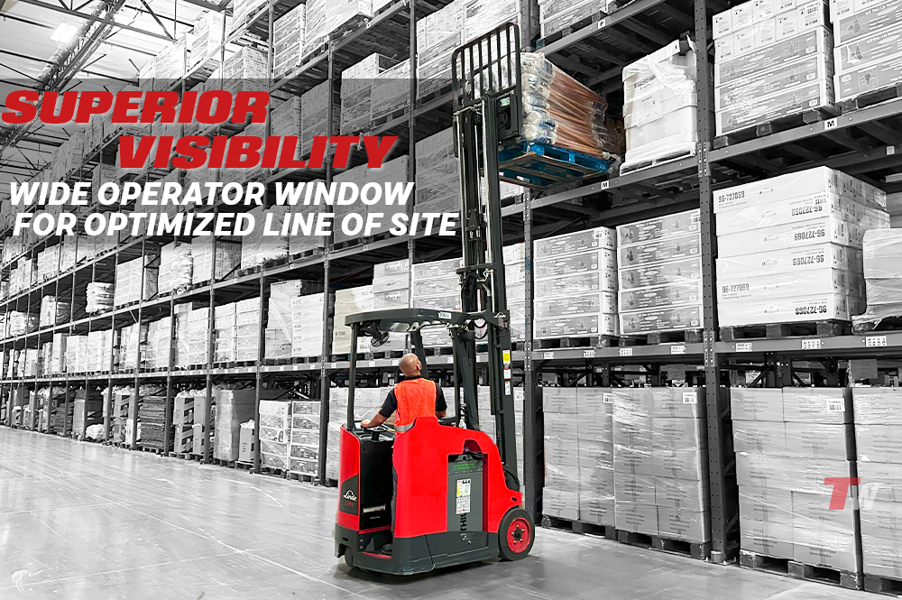 Linde 1346 Stand-up Electric Counterbalanced Truck - With it's low profile front cover you can view all around your surroundings. Avoid obstacles and easily identify pedestrians.