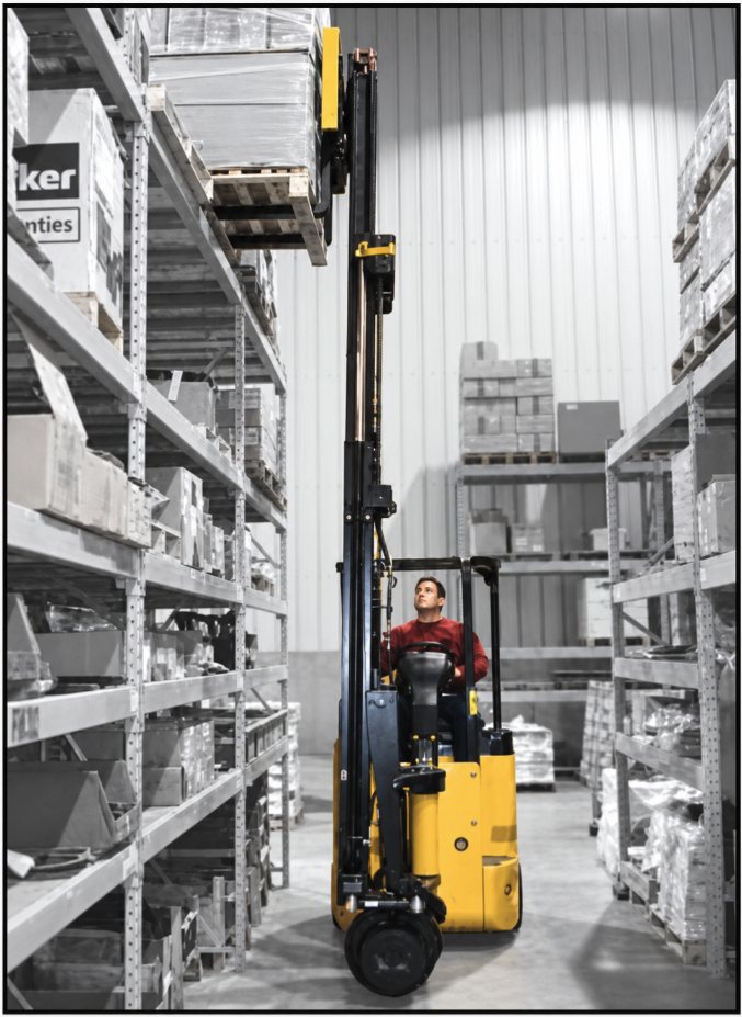 Landoll Bendi forklift lifting a load to an upper rack level in a narrow aisle