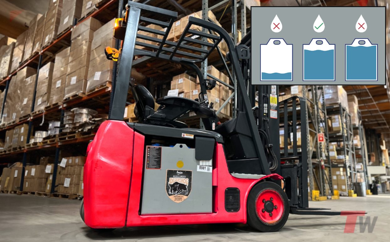 Electric forklift in a warehouse aisle with a graphic comparing low, correct, and overfilled battery water levels